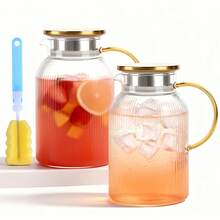 Senmeo 2pcs Glass Pitcher Set With Lid, 68oz Classic Vertical Stripes Water Pitcher, For Cold Brew, Coffee, Lemonade, Iced Sun Tea, Beverage, Heat Resistant. Making It The Top Choice For Gifts During Christmas, Halloween And Thanksgiving.,  Iced Tea Dispenser, Striped Glass Design, Premium Drink Dispenser, Highquality Pitcher, Drink Dispensing Set, Glass Carafe Set, Coffee Enthusiasts, Tea Lovers - 2pcs-clear - View 1