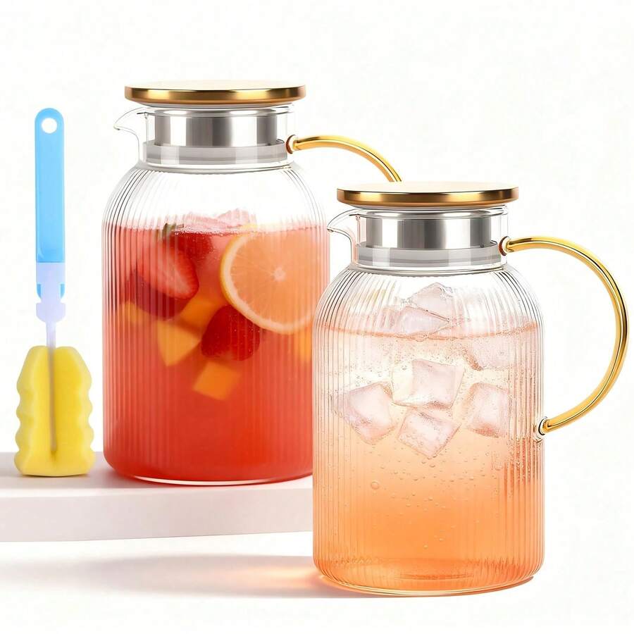 Senmeo 2pcs Glass Pitcher Set With Lid, 68oz Classic Vertical Stripes Water Pitcher, For Cold Brew, Coffee, Lemonade, Iced Sun Tea, Beverage, Heat Resistant. Making It The Top Choice For Gifts During Christmas, Halloween And Thanksgiving.,  Iced Tea Dispenser, Striped Glass Design, Premium Drink Dispenser, Highquality Pitcher, Drink Dispensing Set, Glass Carafe Set, Coffee Enthusiasts, Tea Lovers - 2pcs-clear - View 1
