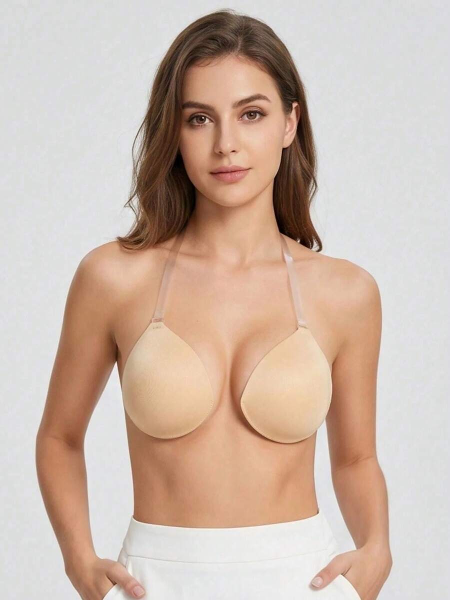 2pcs Dual-Use Round Cup Push-Up Breast Pads With Front Clasp Design + Detachable Spaghetti Strap Strap, Anti-Slip Dotted Texture, Invisible Seamless, Suitable For Evening Gown / Backless / Strappy Tops - Multicolor - View 1