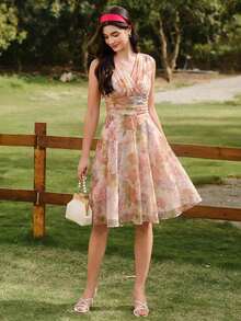 Vestido de mujer elegante y vintage con estampado de rosas y cuello en V de organza, para vacaciones, fiestas, verano, festivales, bodas, graduaciones, bailes de graduación, ceremonias, cumpleaños y ocasiones formales. Vestido elegante de color rosa para fiestas y vacaciones. - Albaricoque - Ver 6