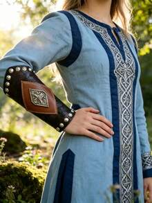 1pc Nordic Viking Rivet Faux Leather Arm Guard, Medieval Wristband With Badge, Suitable For Renaissance Festivals And Cosplay - A - View 2