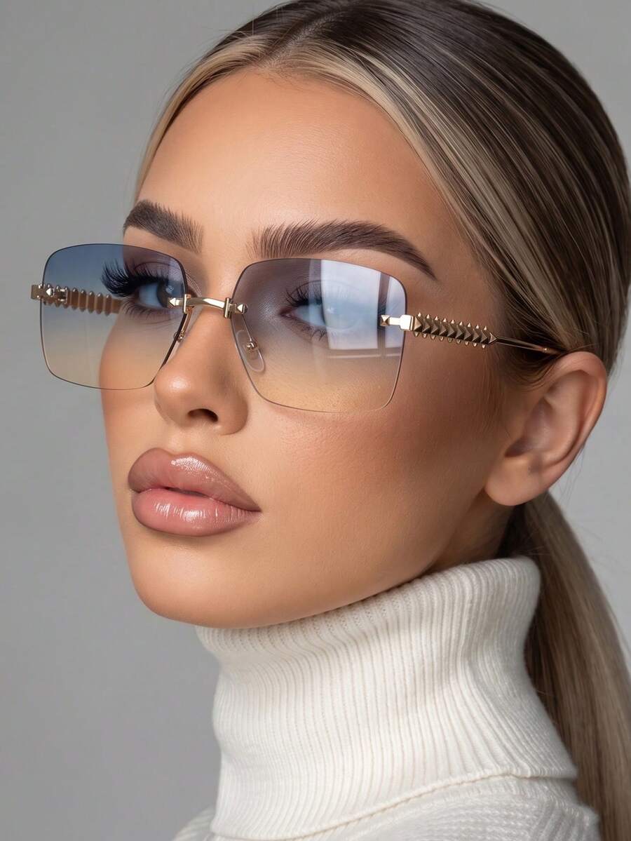 1 Pair Women's Metal Leg Frameless Fashion Glasses, Suitable For Beach, Vacation, Street Photography, Driving, Fashion - Orchid On Top, Yellow On the Bottom - View 1