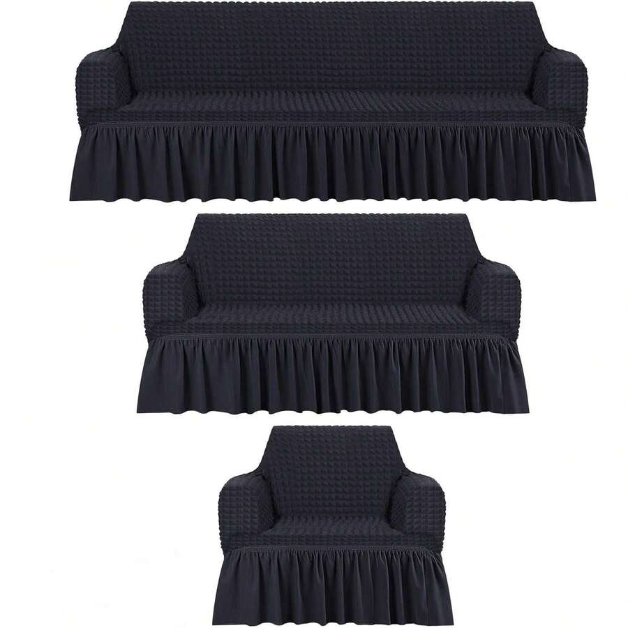 3-Piece Stretch Sofa Cover Set For Living Room. Sofa Cover. Stretch Sofa Cover Set For 1+2+3 Seater Sofas, Soft And Non-Slip Fabric, Stain-Resistant And Wear-Resistant Protector, Easy To Install And Washable, Elastic With Seersucker Skirt To Protect The Sofa From Cat Scratches, Ideal For Decorating The Living Room, Office, Or Bedroom. Local Warehouse. - 米色 - 查看 1