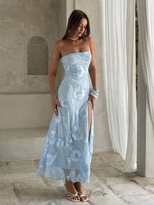 Vestido con abertura alta de tela texturizada sin tirantes para mujer, primavera/verano - Azul - Ver 8