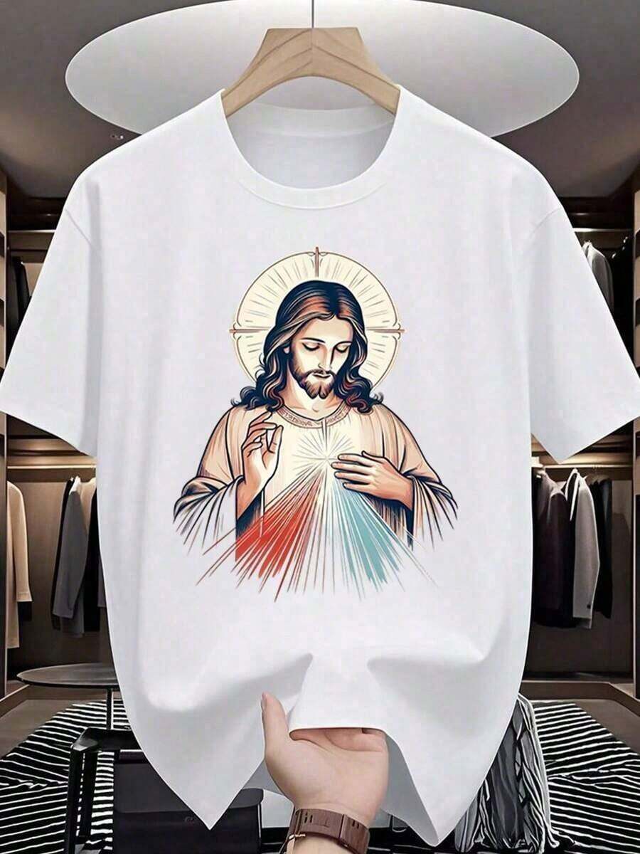 Camiseta Básica de Algodón para Vacaciones| Estampado de la Divina Misericordia en Algodón de 180g, Blanco/Negro| Camiseta Básica Unisex para Capas - Blanco - Ver 1