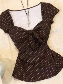 Camiseta de verano de moda con cuello de corazón y manga corta con estampado de lunares para mujer - Café integral - Ver 3