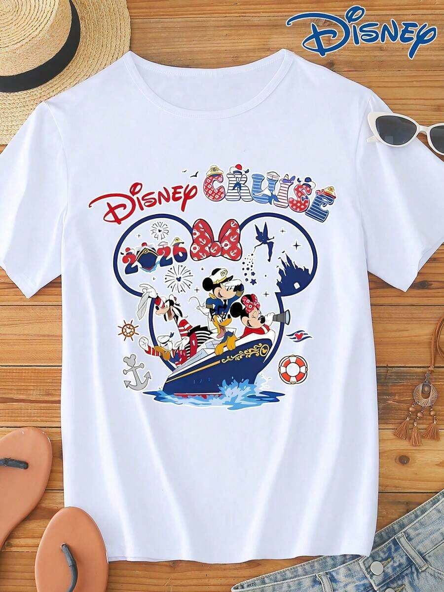 Disney 1pc Men's Short Sleeve T-Shirt, Mickey Mouse, Minnie Mouse, Donald Duck, Daisy Duck Cartoon Print Round Neck Stretchy Casual T-Shirt, Suitable For Daily Wear, Easy Care Material, Fashion Leisure Men's T-Shirt, Short Sleeve Tee - trắng - Xem 1