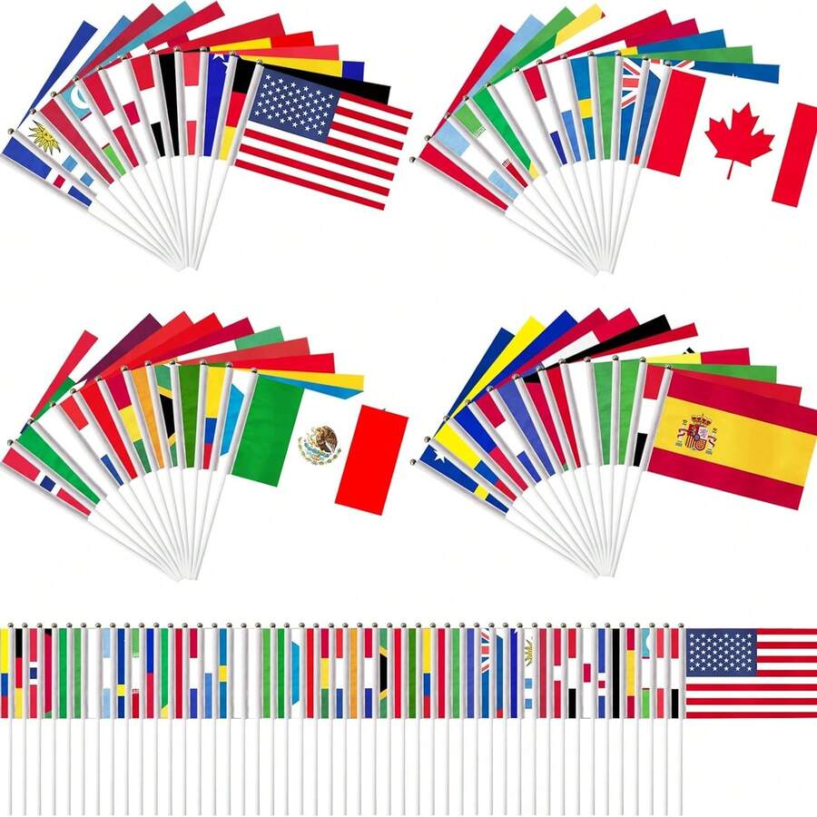 48pcs/Set World Cup 48 Countries Handheld Mini Flags, 2026 World Cup 48 Teams Polyester Small Hand-Waving Flags With Plastic Flagpoles, Suitable For Party Indoor Outdoor Garden Decoration, 14*21cm(5.5*8.2in) - 48Countries - View 1
