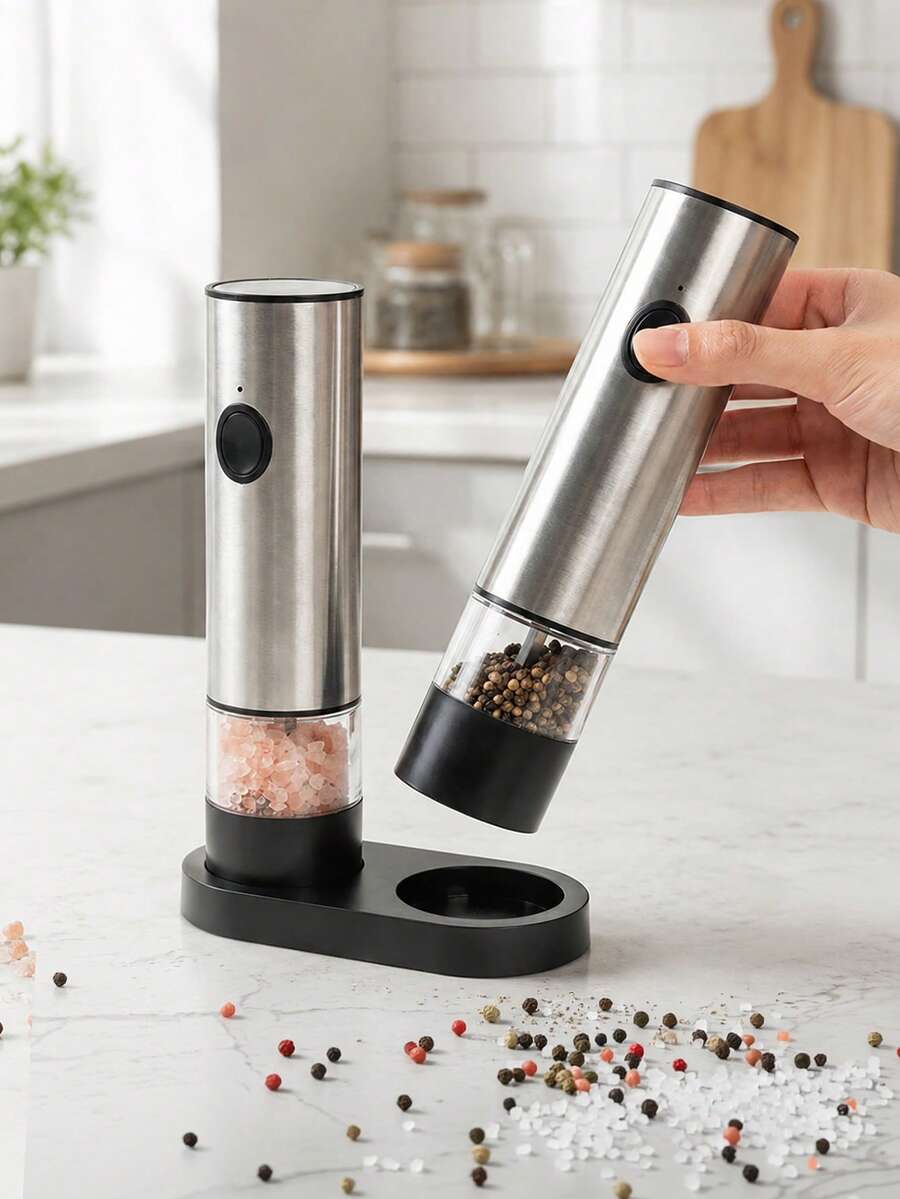 1pc Electric Salt And Pepper Grinder, USB Charging, LED Light One Hand Automatic Operation, Adjustable Thickness Grinding Vibrating Screen, Stainless Steel Housing - Perfect For Salt And Pepper Shakers And Spice Grinding - Kitchen Accessory