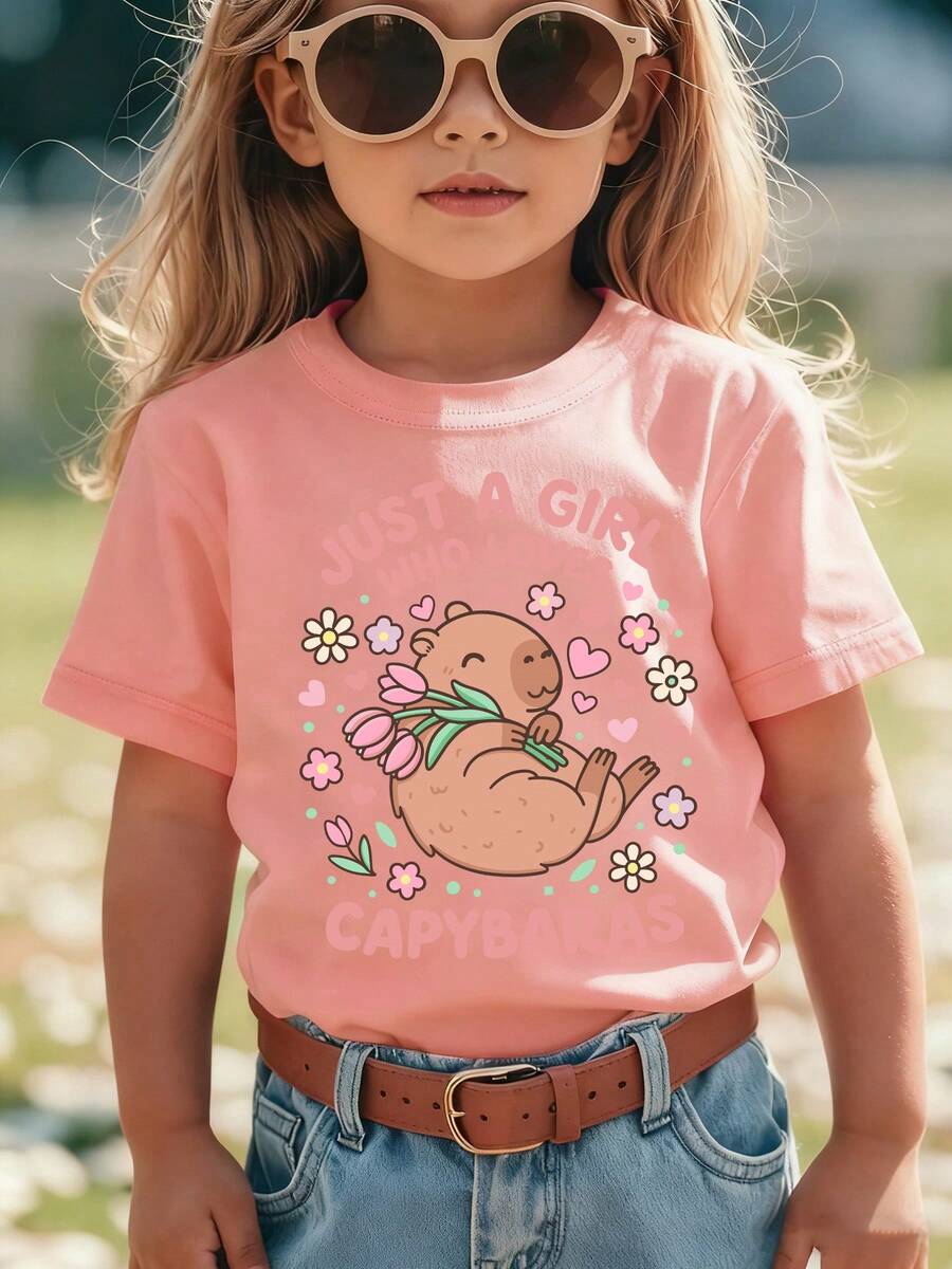 Fashionable Summer Short Sleeve T-Shirt For Girls With "ONLY A GIRL WHO LOVES CAPYBABIONS" Slogan And Capybara Holding A Tulip Print, Casual And Versatile Top NY-DX9379 - 白色 - 查看 1