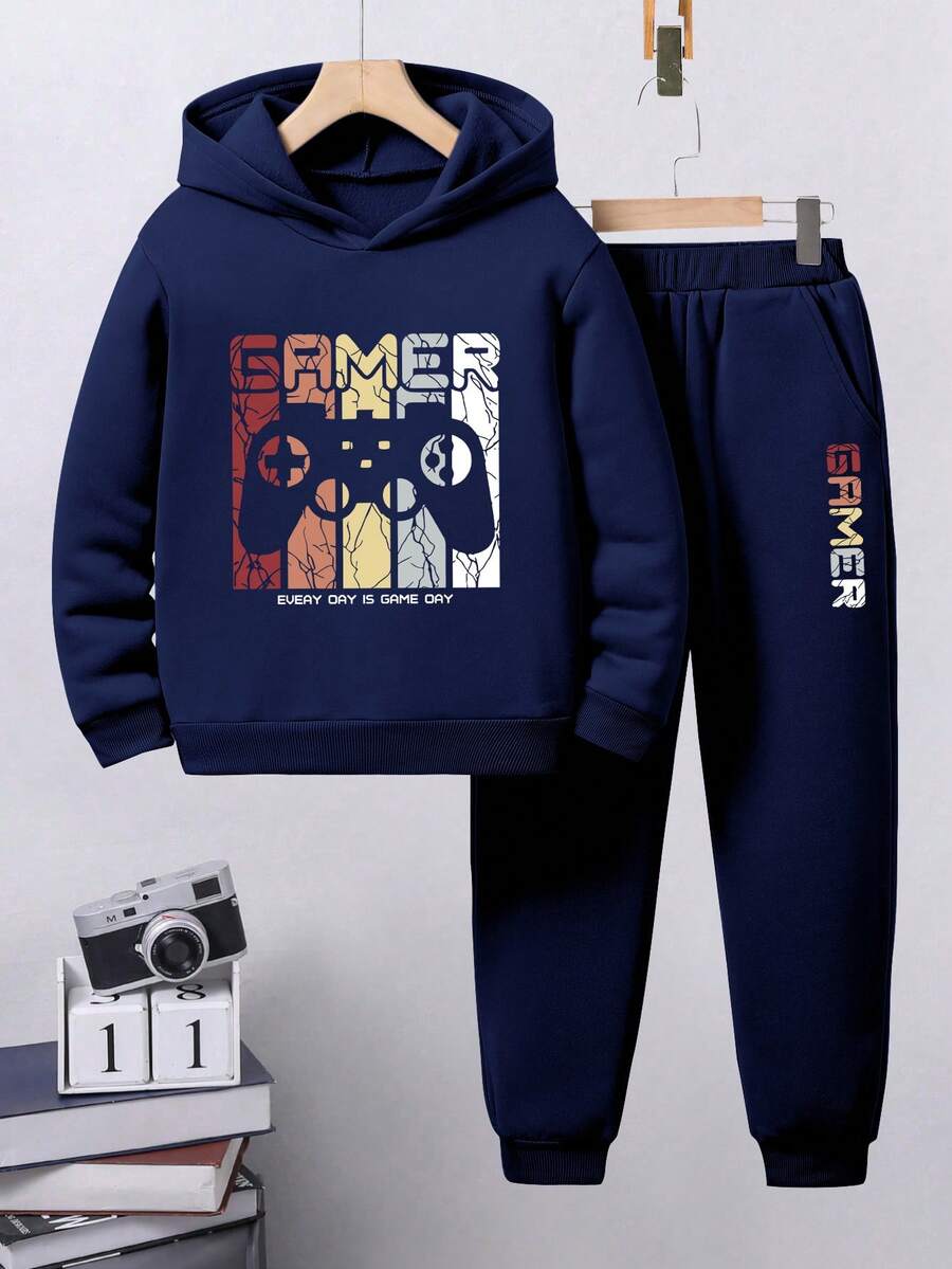 Tween Boy Cartoon Print Warm Hoodie And Pants - Royal Blue - View 1