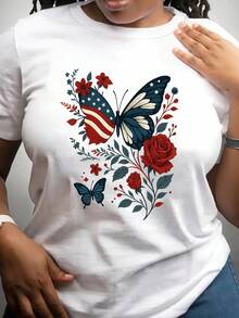 [Camisetas de mariposa de moda] Camisetas de mujer de moda americana inspiradas en mariposas | Ropa de verano, longitud regular, cuello redondo estampado - Blanco - Ver 2
