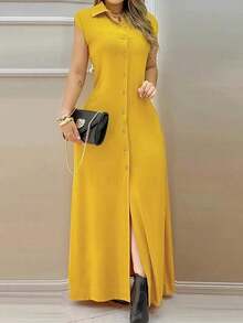 Vestido largo de verano elegante de unicolor con botones delanteros para uso casual y de oficina - Amarillo - Ver 1