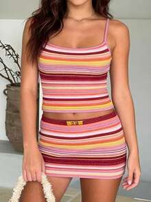 Women 2 Piece Knit Outfit Striped Mini Skirt Set Sexy Knit Crop Cami Tank Top Low Waist Bodycon Short Skirt Y2k Matching Going Out Party Beachwear - 紅白色 - 查看 2