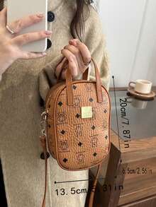 Vintage Monogram Print Mini Crossbody Bag For Women Brown PU Leather Small Camera Bag Retro Logo Pattern Zipper Shoulder Bag. - Brown - View 9