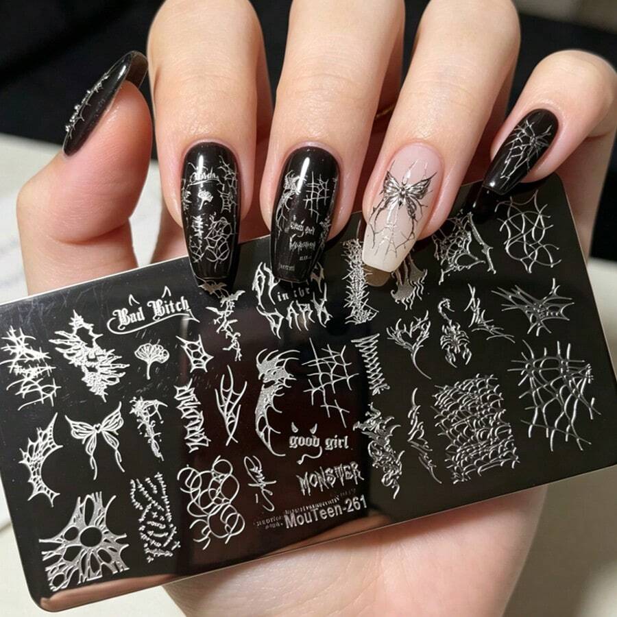 新款哥特式蜘蛛网及文字美甲印花板，小众美甲印花工具，MouTeen261