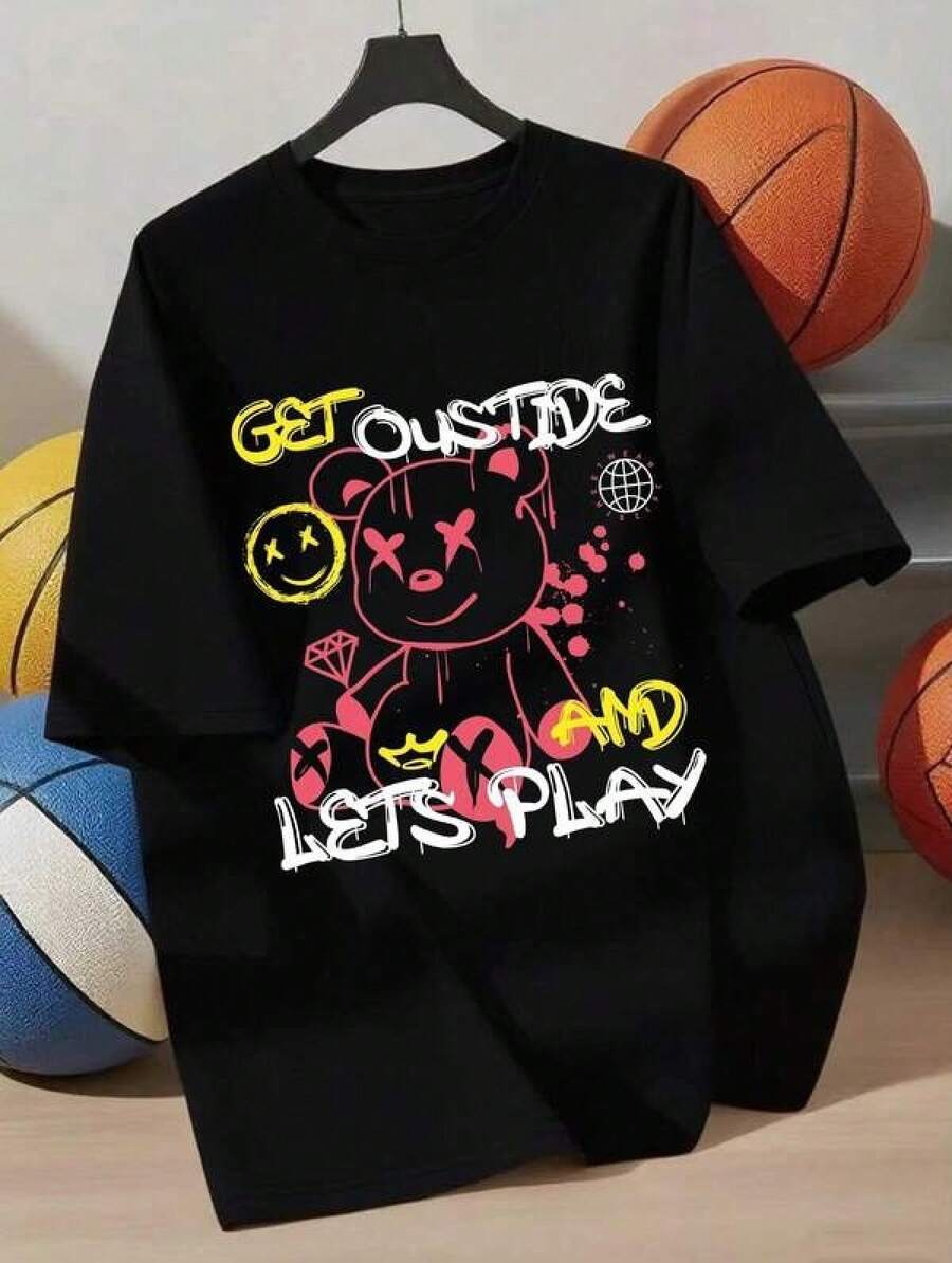 Camiseta adecuada tanto para fiestas como para uso diario os Jóvenes Cuello Redondo, Manga Corta, 100%, Tejido de Punto con Gráfico 'GET OUTSIDE AND LET'S PLAY' - Perfecta para Verano, Estilo Casual, Ligero Estiramiento A gift for a friend, and wearing it together with the friend,A? o nuevo,navidad, día de los muertos, día de la madre, día del ni? o, acción de gracias(1 piece). - Negro - Ver 1