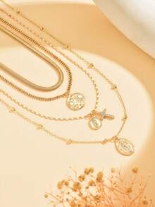 4pcs/Set Vintage Fashionable Gold Thick Snake Chain Multilayer Necklace, Unique Design With Jesus, Virgin Mary, And Crystal Cross Decor, Suitable For Daily Wear, Dates And Parties. Chain Length Can Be Customized. - Multicolor - View 3