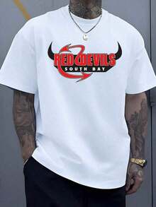 1 pieza de camiseta deportiva para hombre con estampado gráfico de los Red Devils South Bay, 220g, estilo casual urbano, 100% algodón, camiseta con estampado digital. - Blanco - Ver 1