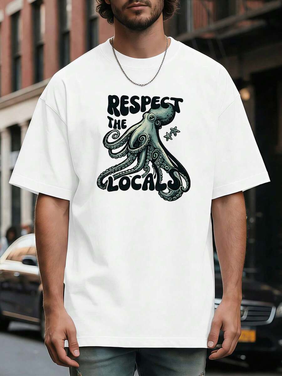 Camiseta de hombre con estampado de pulpo, algodón premium, corte holgado, estilo hip-hop urbano, cómoda, estampado llamativo, nuevo lanzamiento. - Blanco - Ver 1