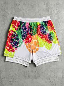 Strevion TEENAGE MUTANT NINJA TURTLES | SHEIN Men's Cartoon Print Double Layer Beach Shorts, Suitable For Vacation, Casual And Daily Wear - White - View 2