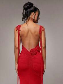 xheSilquee Vestido elegante y sexy de color rojo liso con espalda descubierta, ruedo de sirena y cuello de halter, adecuado para cóctel, cita romántica, vestido de malla de punto, fiesta, boda, Halloween, Navidadxhe - Rojo - Ver 3