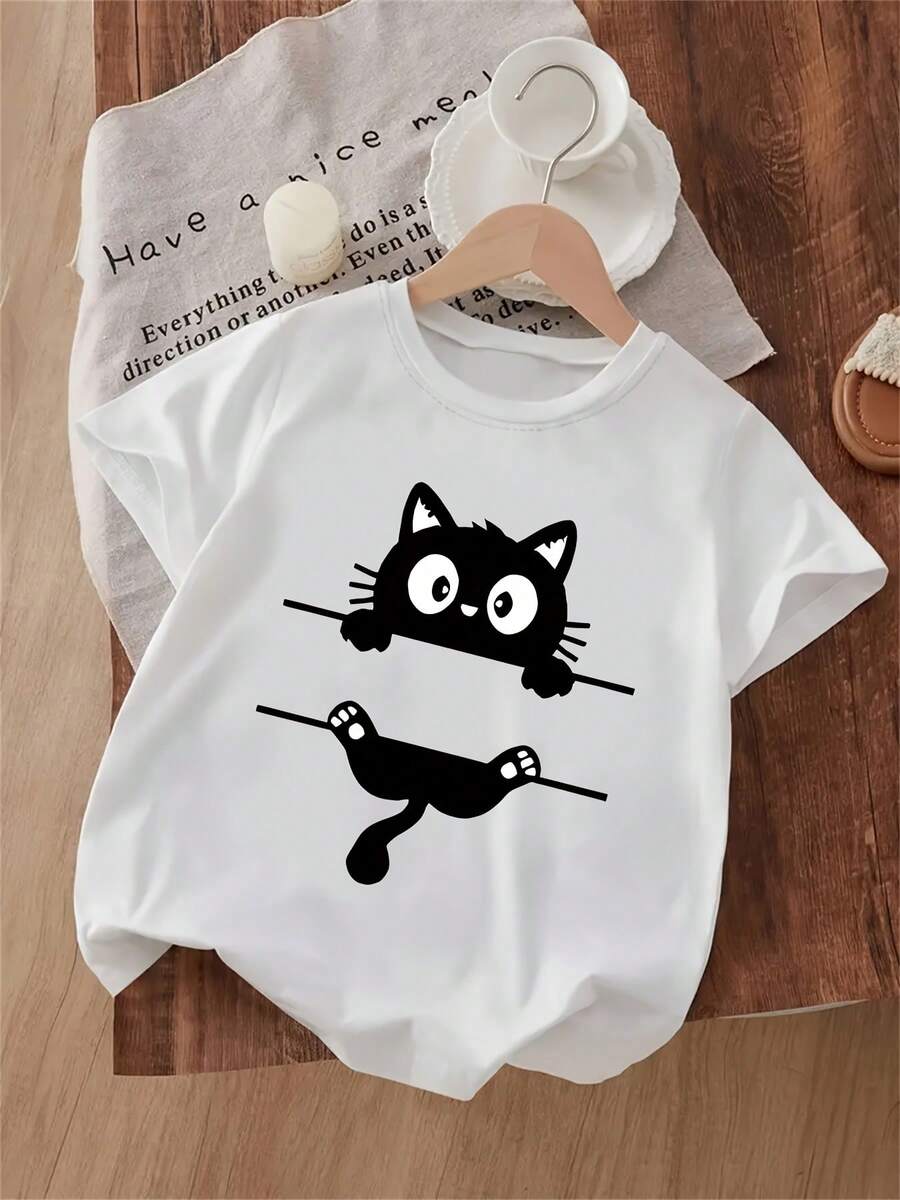 Camiseta de Cuello Redondo con Estampado de Gato para Niñas, Edades 1-10 Años - Ropa Cómoda y Casual para Paseos al Aire Libre y Regalo Perfecto para el Verano - Rosa - Ver 1