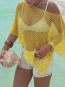 Nuevo top de verano para mujer de estilo bohemio, de punto acanalado, con bajo asimétrico, de tela ligera y transpirable, de corte holgado adecuado para diferentes siluetas, ideal para la playa - Amarillo - Ver 5
