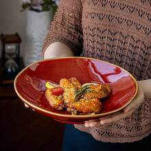 1PC Red Glazed Ceramic Plate 9 Inch Deep Dish For Home Use, Stir-Fry Plate, Pasta Plate, Salad Plate, Serving Plate. Suitable For: Kitchen, Living Room, Office, Hotel, Gathering. Capacity: 900ML - Multicolor - View 5