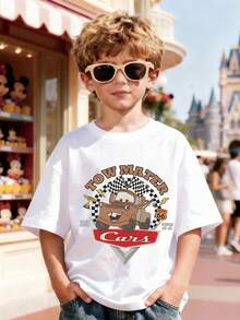 Disney Official Licensed Cars Tow Mater Kids Cotton T-Shirt 4-12Y Boys Girls, Ultra Comfort Super Soft Relaxed Fit Stylish Tee, Double Sided Print With Tow Mater & Checkered Flag Pattern, Casual Daily Wear, Perfect For Birthday/Party/Commute, High-Profile, Daily Versatile, High-Rate Turnout, Great Gift, New Arrival, Express Delivery - 白色 - 查看 2