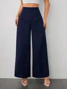 PETITE Pantalón texturizado de tiro alto de pierna ancha, de moda simple y casual para el regreso a la escuela, para ir y venir al trabajo - Negro 3 - Ver 8
