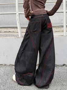 1件日系街頭風女款拼接彎腿寬鬆闊腿牛仔長褲，四季皆宜，休閒黑色秋季款 - 黑色 - 查看 7