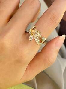 1 Stück luxuriöser blattförmiger Kubikzirkonia-Ring, Schmuck für Frauen zur Hochzeit, Verlobung und Partys, Valentinstags-Geschenk - Goldgelb - Übersicht 6