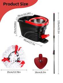 1 Set Spin Mop And Bucket With Foot Pedal Wringer, 360° Rotating Mop System With 4 Microfiber Mop Heads, 135cm Extended Handle Spinning Mop For Floor Cleaning, Red & Black Household Cleaning Supplies - 1個拖把桿+1個腳拖把桶子+4個拖把布 - 查看 7