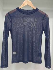 Long-Sleeved Tulle Blouse In Pastel Candy Colors, Spring Color Block. - Navy Blue - View 2