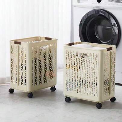 A Foldable Plastic Laundry Basket With Wheels, With Handles, Laundry Basket, Storage Basket, Storage Box, Storage Container, Foldable, Movable With Wheels, Laundry Basket Storage Rack, Suitable For Laundry Room And Bathroom.