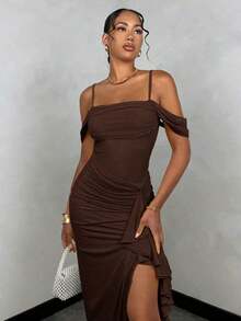Women Midi Dresses - 全穀類咖啡 - 查看 5