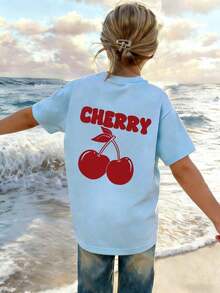 Esta camiseta casual de manga corta con cuello redondo y estampado de cerezas está diseñada específicamente para niñas y niños en el verano.Presenta un delicioso diseño de cerezas, lo que lo convierte en una camiseta única para niños que aman las cerezas y quieren destacarse.Ropa para niñas, camiseta gráfica para niñas, top de verano, ropa para niñas - Celeste - Ver 12