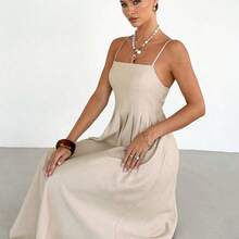 . .  Vestido de mujer con tirantes de espagueti y escote tubo de lino, estilo vacacional - Albaricoque - Ver 6