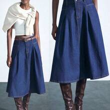 guangzhougaolangshangmao Maija Falda vaquera plisada de estilo casual/oficina para mujer - Azul lavado oscuro - Ver 3