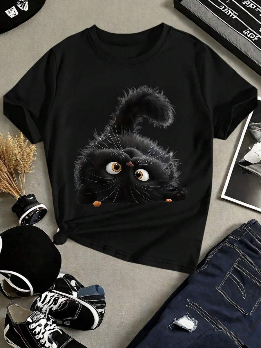 Printed T-Shirt, Short Sleeve And Round Neck, Casual Top For Summer And Spring - 黑色 - 查看 1