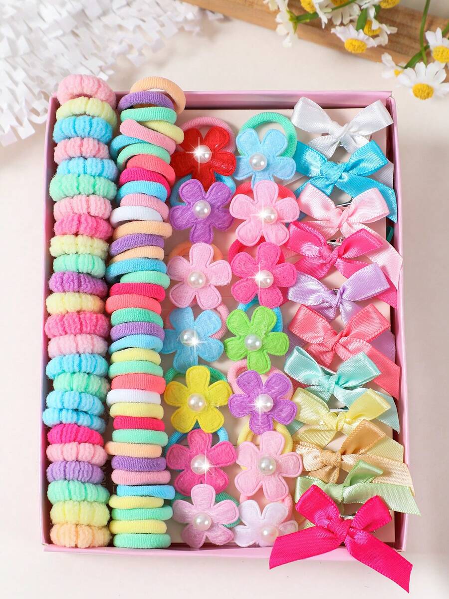 80pcs Colorful Ribbon Bow, Pearl, Butterfly Hair Clips, Scrunchies, Minimalist Hair Accessories For Girls, Everyday Use - Multicolor - View 1