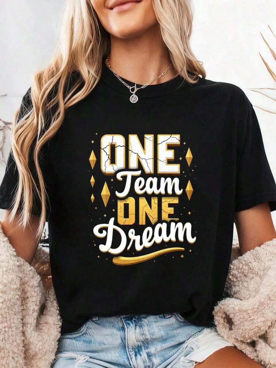 "One Team, One Phrase, One Dream" T-Shirt - Pure Cotton - 黑色2 - 查看 1