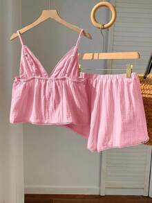Conjunto informal de 2 piezas de mujer en azul marino con lunares, incluye camiseta de tirantes y pantalones con estampado de lunares, adecuado para primavera, verano, vacaciones, hogar, festivales de música, vuelta al colegio, atuendos casuales - Rosa - Ver 2