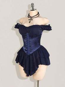 sfvsSHEIN ICON Vestido corto de gasa con volantes en el hombro, cintura fruncida y estampado jacquard para mujer, elegante para fiestas y uso casualvfdw OUU7 - Azul marino - Ver 4