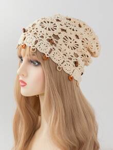 1 chiếc mũ len móc hạt gỗ thủ công cho nữ, mũ beanie dệt mỏng rỗng, phù hợp phong cách Bohemian, đi biển, mặc hàng ngày vào mùa xuân & mùa thu - A - Xem 7