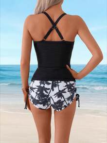 2026 New Coconut Tree Print Tankini Set, Ruched Waist & Side Drawstring, Modest Tummy-Hiding Slimming Swimwear - Black - View 5