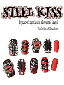 10pcs Rectangular Dark Gothic Press-On Nails, Red-Black Gradient With Demon Eye, Studs, Chain And Cross Design, Suitable For Women And Girls For Daily Wear, Parties And More - Multicolor - View 3