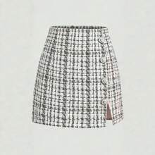 Falda a cuadros  de  para comercio transfronterizo, falda corta, falda de corte en A, falda de cintura alta y efecto adelgazante para mujer, nueva colección otoño-invierno 2025. - Blanco - Ver 4