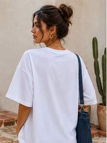 Camiseta informal de mujer de manga corta y cuello redondo de poliéster con estampado de corazón vaquero. Largo regular. - Blanco - Ver 5